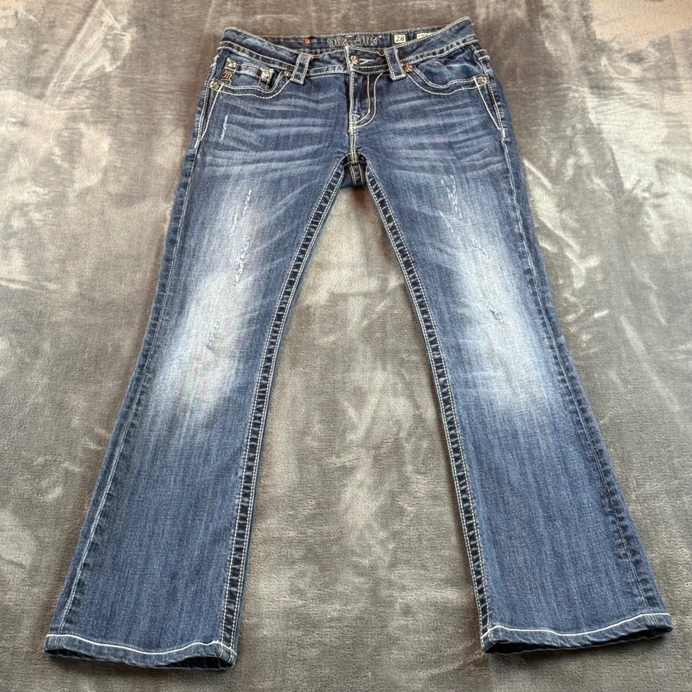 Miss Me Signature Rise Bootcut Jeans 28‎ Dark Wash Wing Pocket Low Rise JP5848B2